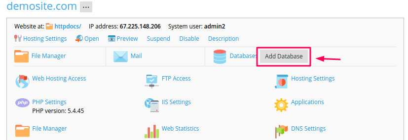 Create Database in plesk