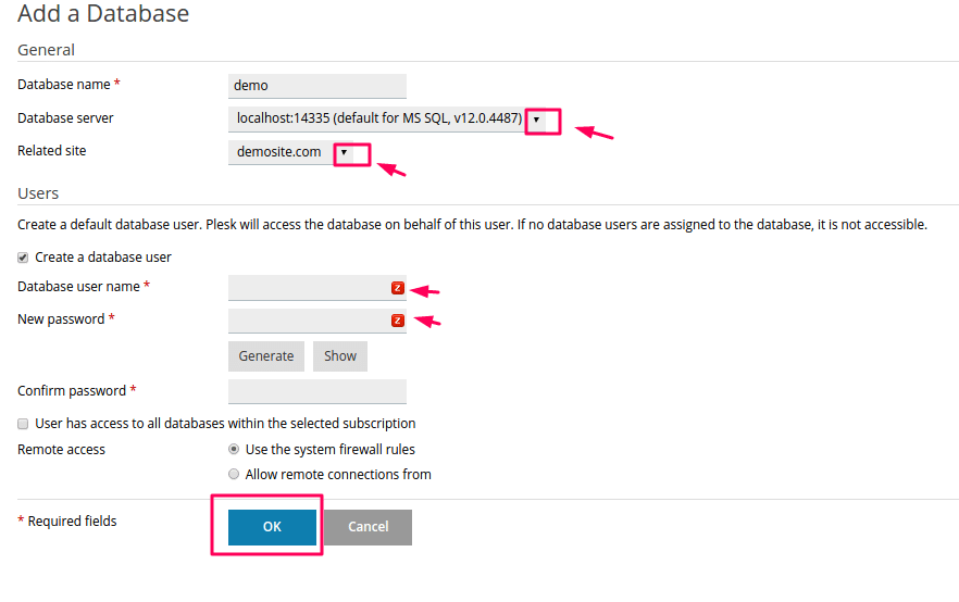 Create Database plesk