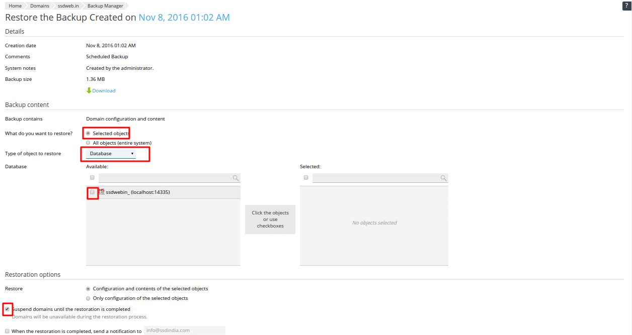 Restore Website contents in plesk