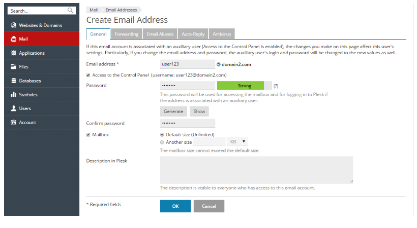 plesk Create Email Addres