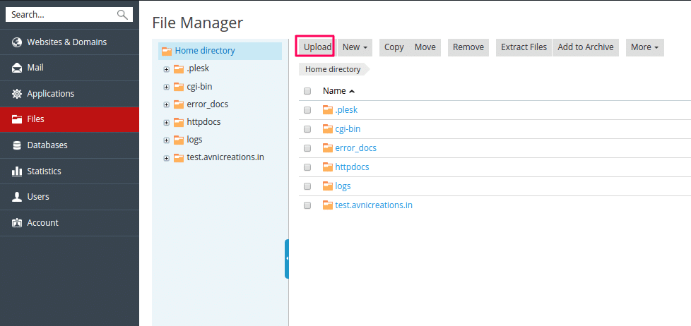 plesk upload contents