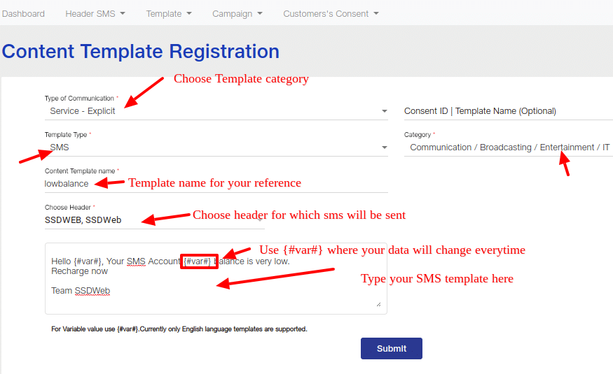 Jio dlt content template registration
