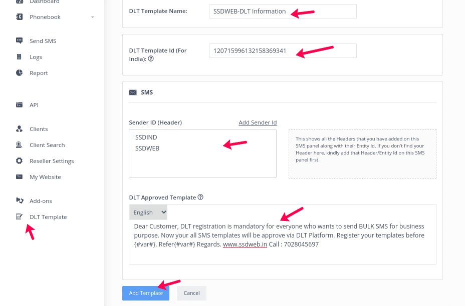 DLT Template Addition Process in Portal