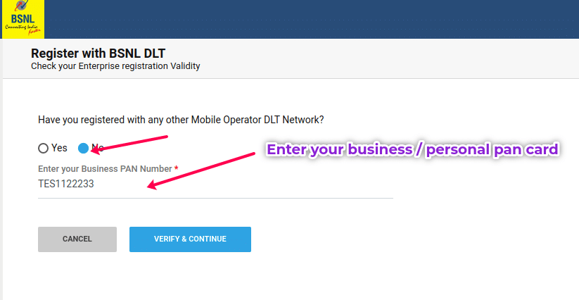 BSNL DLT Registration Step1
