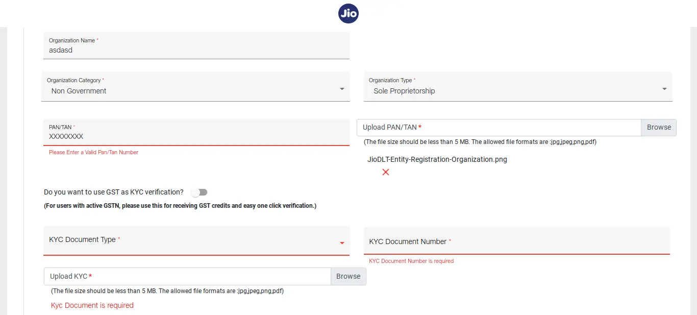 Jio DLT Entity Registration Organization Details