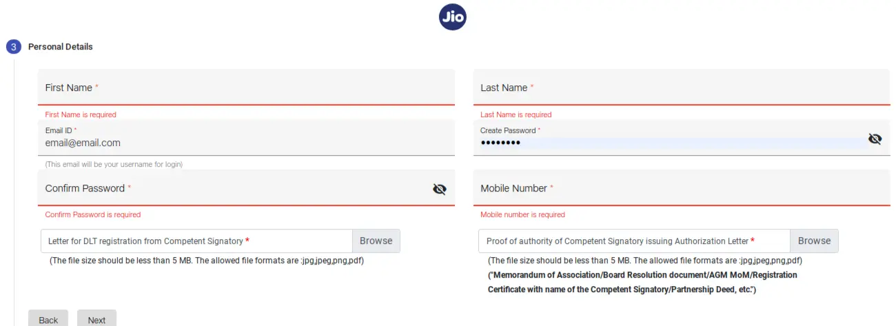 Jio DLT Registration Personal Details