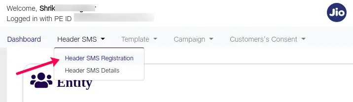 Jio DLT Header Menu
