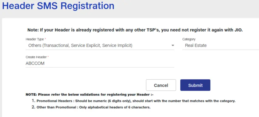 Jio DLT Header Registration